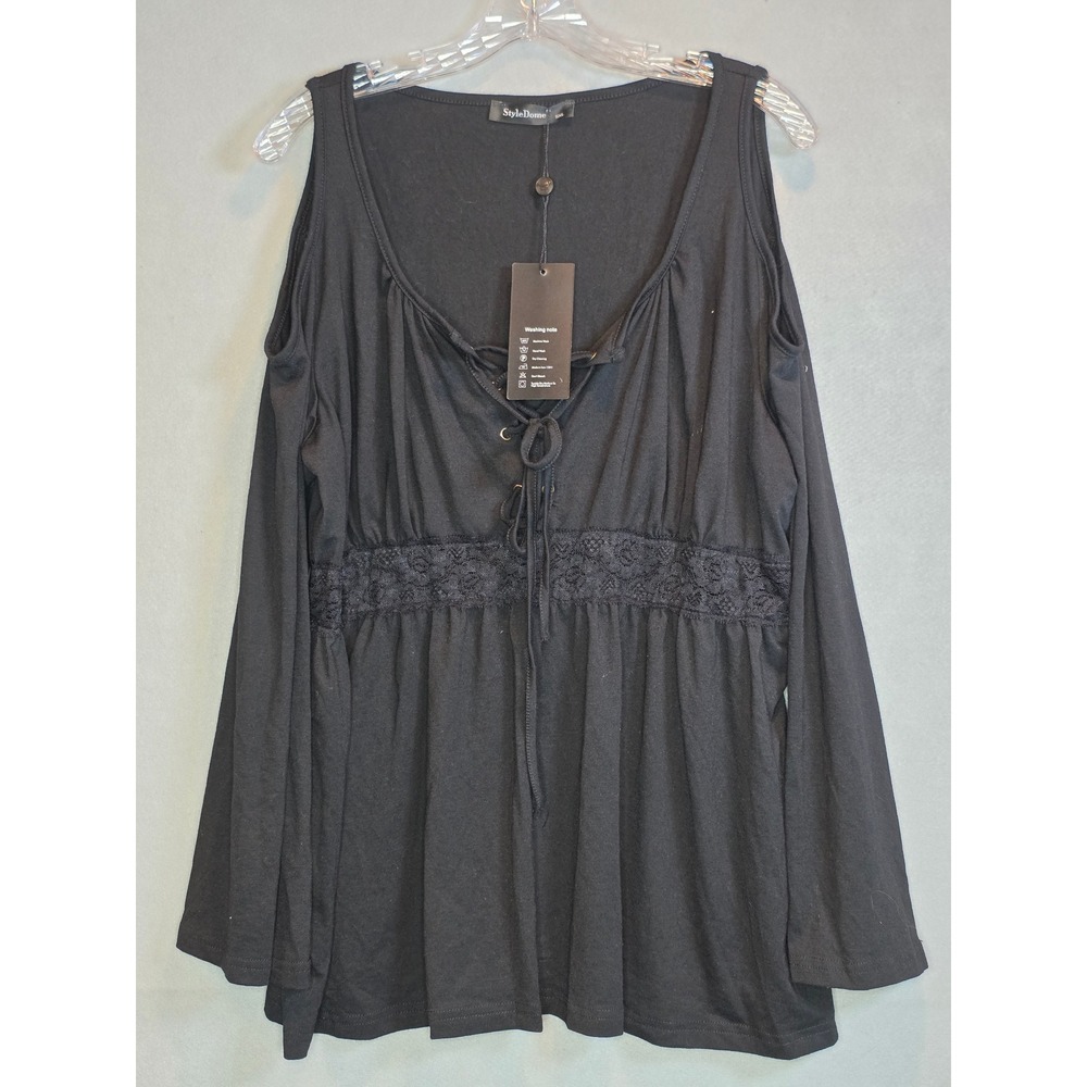 StyleDome Womens 5XL Cold Shoulder Lace Up Top Black Long Sleeve Lace Blouse